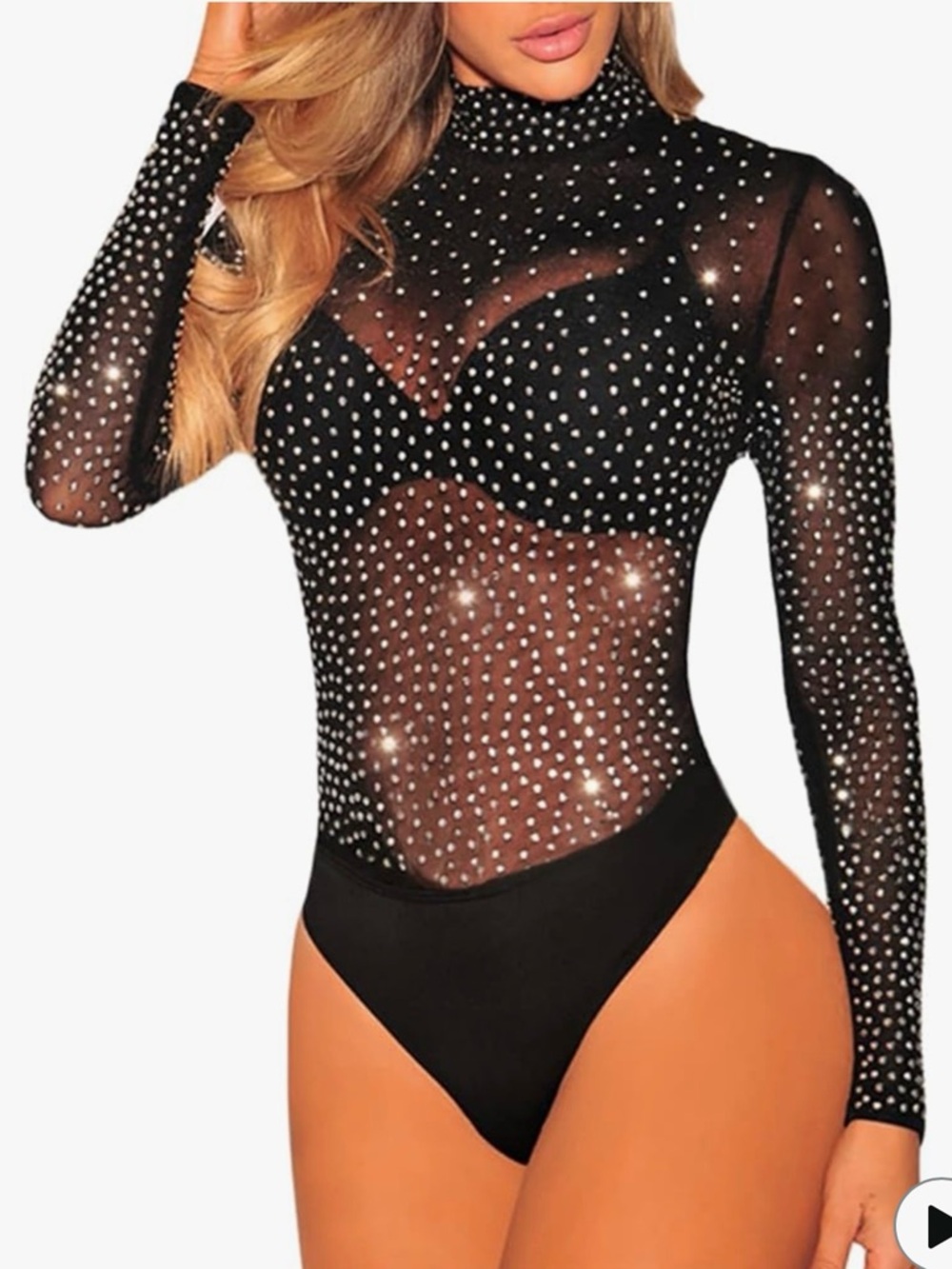 Sheer Black Rhinestone Long-Sleeve Bodysuit